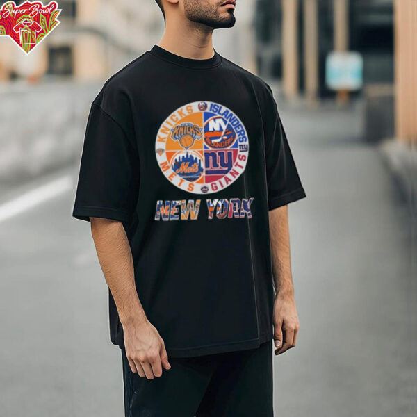 New York Knicks x New York Mets x New York Giants x New York Islanders Circle Logo Shirt