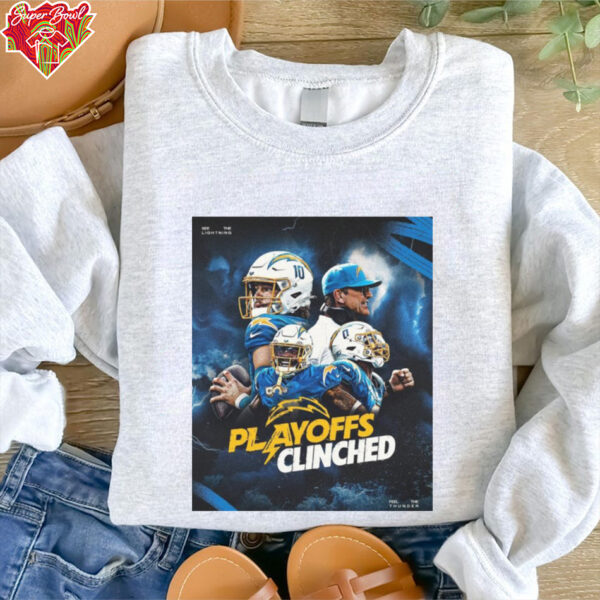 Official Los Angeles Chargers Win New England Patriots 2024 Playoffs Clinched See The Lighting Feel The Thunder Poster t shirt