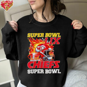 Super Bowl 2025 LIX Champions helmet on fire Chiefs shirt