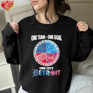 One team one goal one city Detroit sports Detroit Lions, Pistons, Red Wings and Tigers logo t shirt