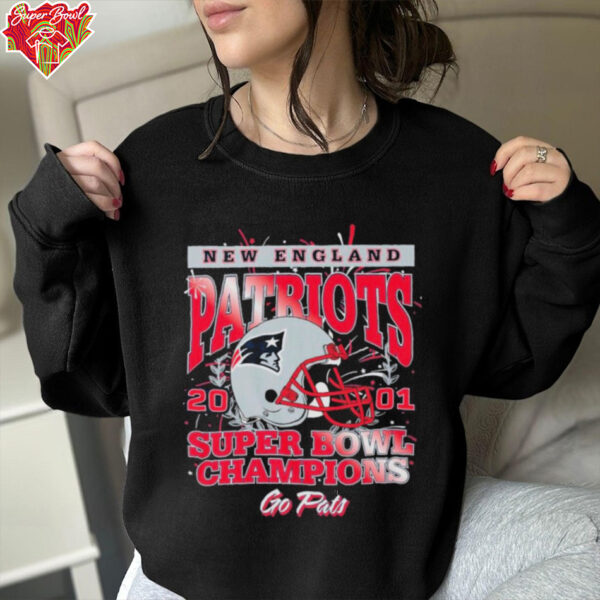 Official New England Patriots Super Bowl XXXVI Champions Go Pats Helmet T shirts