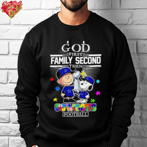 Snoopy and Charlie Brown god first family second then Dallas Cowboys football shirt