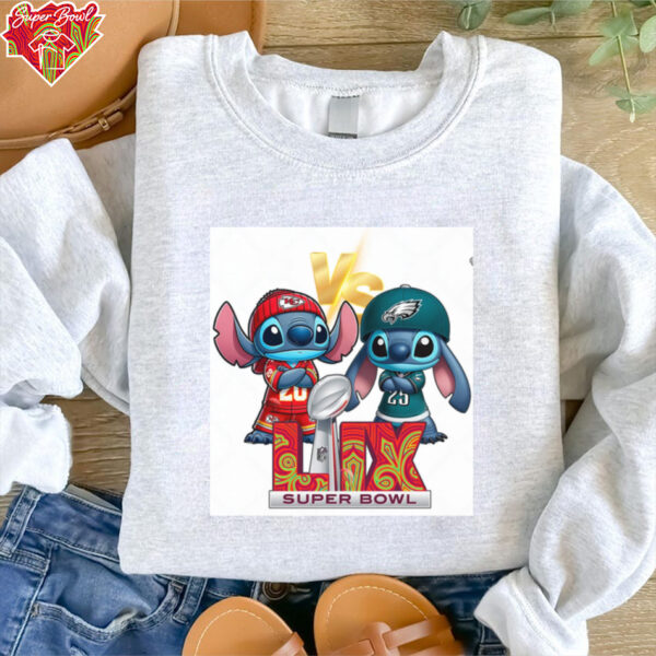 Stitch Cartoon Super Bowl LIX 2025 Football Champs KC Chiefs VS Philadelphia Eagles Shirt