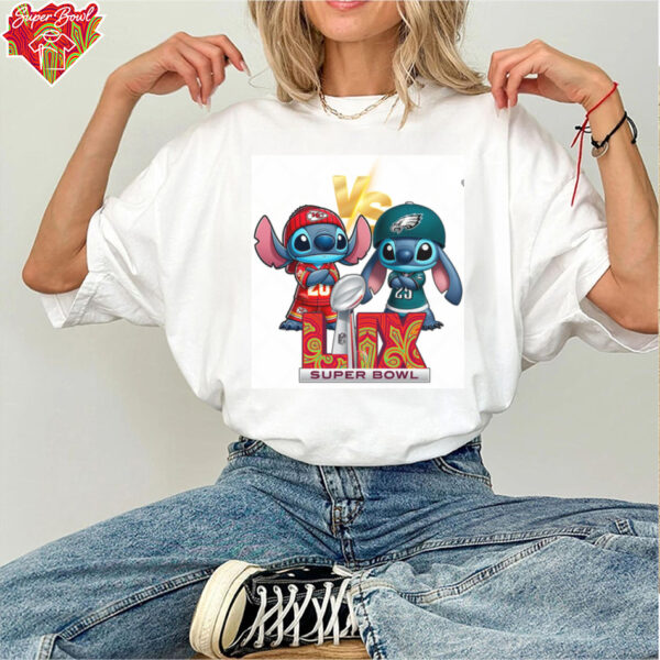 Stitch Cartoon Super Bowl LIX 2025 Football Champs KC Chiefs VS Philadelphia Eagles Shirt