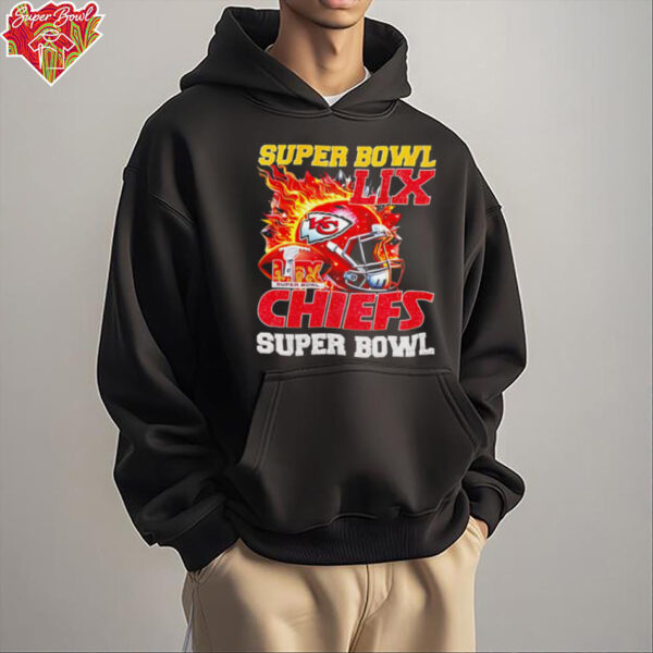 Super Bowl 2025 LIX Champions helmet on fire Chiefs shirt