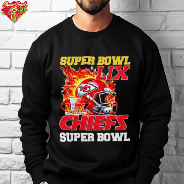 Super Bowl 2025 LIX Champions helmet on fire Chiefs shirt