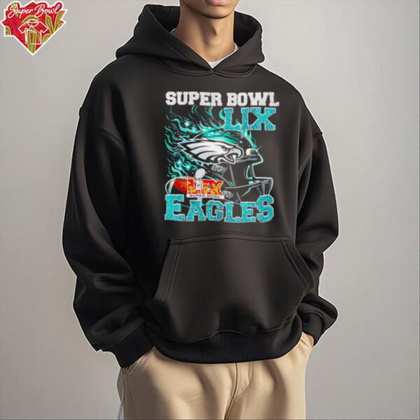 Super Bowl 2025 LIX Champions helmet on fire Eagles shirt