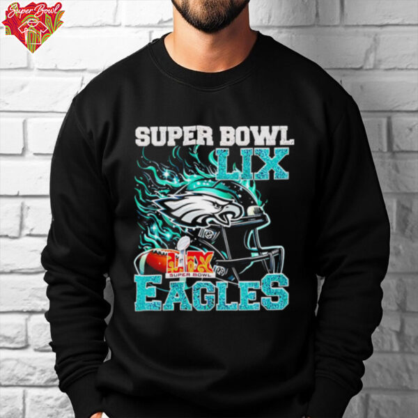 Super Bowl 2025 LIX Champions helmet on fire Eagles shirt