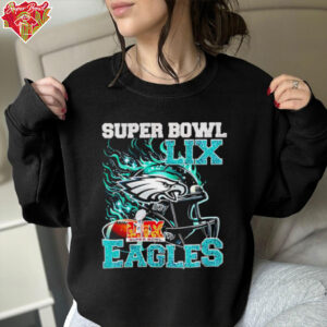 Super Bowl 2025 LIX Champions helmet on fire Eagles shirt