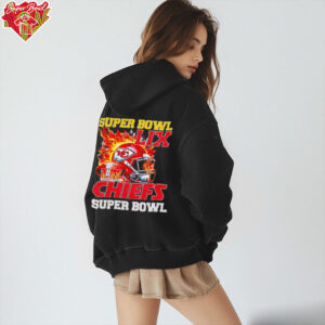 Super Bowl 2025 LIX Champions helmet on fire Chiefs shirt