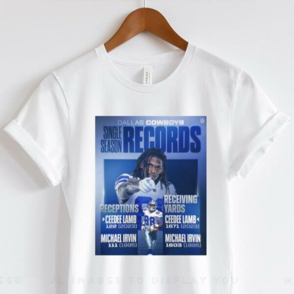 Dallas Cowboys Single Season Records Receptions Ceedee Lamb 122 2023 Michael Irvin 111 1995 Receiving Yards Ceedee Lamb 1671 2023 Michael Irvin 1603 1995 Poster T Shirt