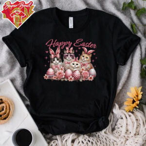 Cat Bunny Kids Women Happy Easter Kitty Rabbit Long Sleeve T Shirt