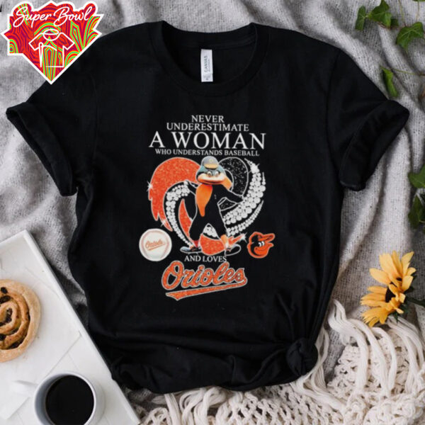 Official Never Underestimate A Woman Who Understands Baseball And Loves Baltimore Orioles Diamond Heart T shirts