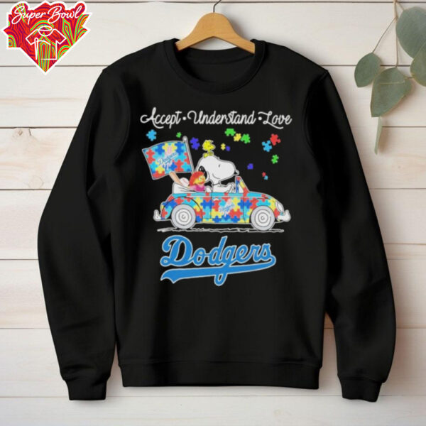 Snoopy Drive Car Los Angeles Dodgers Autism Accept Understand Love T shirts