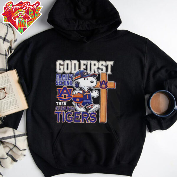 Snoopy walking God first family second then Auburn Tigers shirt