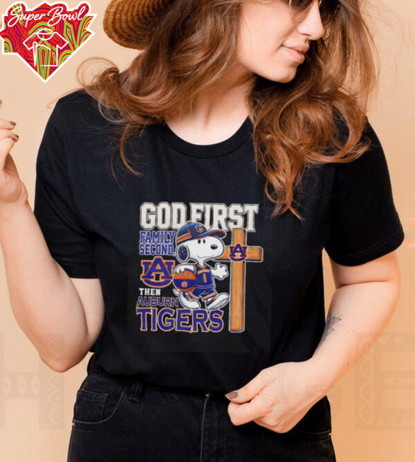 Snoopy walking God first family second then Auburn Tigers shirt