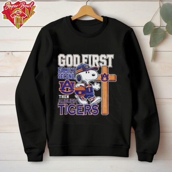 Snoopy walking God first family second then Auburn Tigers shirt